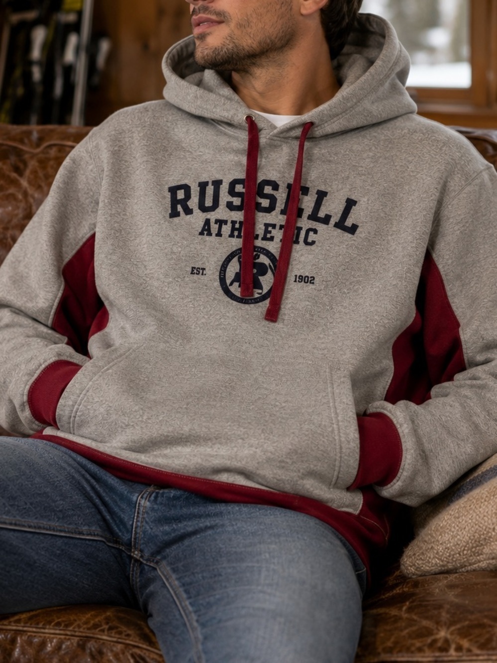 Russell Athletic Pro Cotton Hoodie PullOver in Grey Maroon/ Men's Large/ sports
